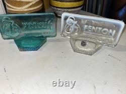 Pair Fenton Opalescent Glass Rectangular Dealer Store Display Sign Plaque Logo
