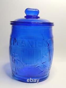 Planters Running Mr Peanut Cobalt Blue Glass Barrel Jar Store Display