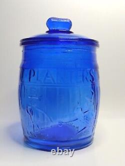 Planters Running Mr Peanut Cobalt Blue Glass Barrel Jar Store Display