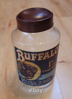RARE BUFFALO 1 CENT COUGH DROP STORE DISPLAY GLASS JAR, WithBRICK RED MELAMINE LID