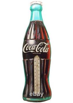 Rare Mid-20th C Monumental 29 H Coca-cola Vint Litho'd Enml Ad Wall Thermometer