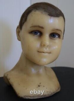 Rare Victorian Antique Boy Wax Mannequin Head W Glass & Real Hair