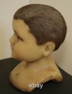 Rare Victorian Antique Boy Wax Mannequin Head W Glass & Real Hair