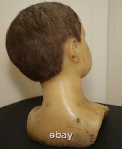 Rare Victorian Antique Boy Wax Mannequin Head W Glass & Real Hair