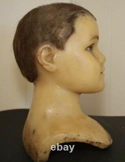 Rare Victorian Antique Boy Wax Mannequin Head W Glass & Real Hair