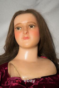 Rare Victorian Antique French Wax Mannequin Head W Glass Eyes Lifesize Doll Bust