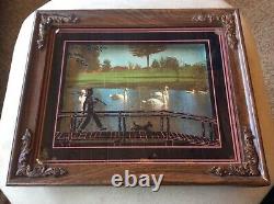 Rare Vintage 3D Reverse Painted Glass Fishing boy dog bridge swans framed