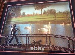 Rare Vintage 3D Reverse Painted Glass Fishing boy dog bridge swans framed
