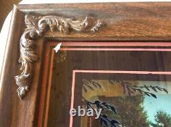 Rare Vintage 3D Reverse Painted Glass Fishing boy dog bridge swans framed