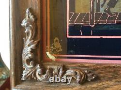 Rare Vintage 3D Reverse Painted Glass Fishing boy dog bridge swans framed