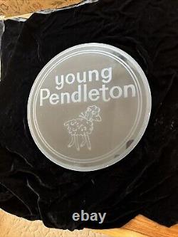 Rare Young Pendleton Round Glass Etched Sign With Lamb 17 Diameter Vintage