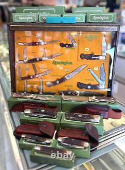 Remington Knife Case Store Display Wood/Glass with 7 Boxes & 7 Extra Knives