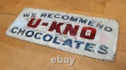 U-KNO CHOCOLATES Antique Reverse Glass Sign Reflective Candy Store Display Ad
