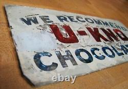 U-KNO CHOCOLATES Antique Reverse Glass Sign Reflective Candy Store Display Ad