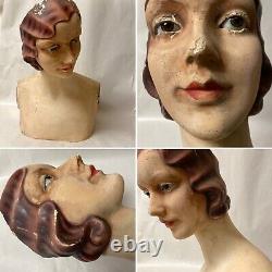 VINTAGE ANTIQUE LIFESIZE STORE DISPLAY DECO FEMALE MANNEQUIN BUST with GLASS EYES