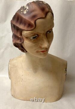 VINTAGE ANTIQUE LIFESIZE STORE DISPLAY DECO FEMALE MANNEQUIN BUST with GLASS EYES