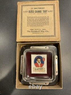 VINTAGE GLASS CHANGE TRAY, ADVERTISING RALEIGH CIGARETTES WithORIGINAL BOX 1920's