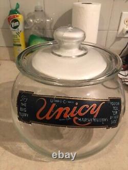 VINTAGE RARE MINTY c. 1920 COUNTRY STORE UNICY MARSHMALLOWS COUNTERTOP JAR