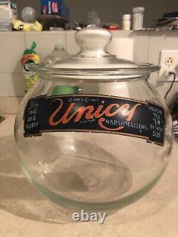 VINTAGE RARE MINTY c. 1920 COUNTRY STORE UNICY MARSHMALLOWS COUNTERTOP JAR