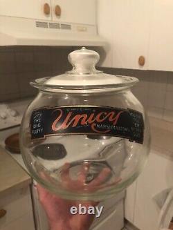 VINTAGE RARE MINTY c. 1930 COUNTRY STORE UNICY MARSHMALLOW JAR WithORIG WHITE LID
