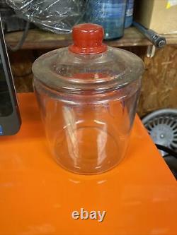 VINTAGE TOM'S TOASTED PEANUTS GENERAL STORE GLASS DISPLAY JAR With LID RED/Blue
