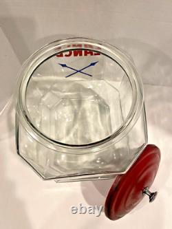 VTG 8 Sided Lance Cracker Glass Jar withMetal Red Lid Arrows on Advertising Logo