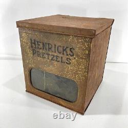 VTG Antique Hendricks Pretzels Company Store Counter Display Tin Glass Advertise