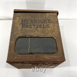 VTG Antique Hendricks Pretzels Company Store Counter Display Tin Glass Advertise