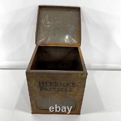 VTG Antique Hendricks Pretzels Company Store Counter Display Tin Glass Advertise