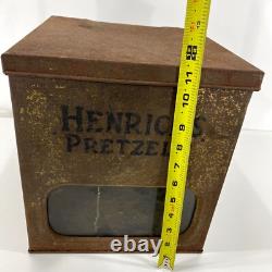 VTG Antique Hendricks Pretzels Company Store Counter Display Tin Glass Advertise