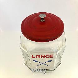 VTG Lance Glass Cracker Cookie Jar Store Display with Arrows and Red Metal Lid