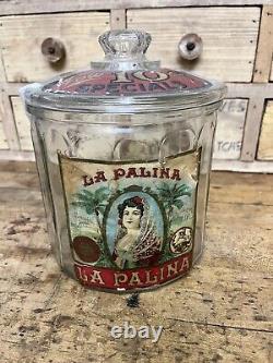 Vintage 1920s La Palina Cigar Glass Humidor Store Display Jar Embossed with Label
