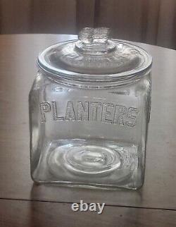 Vintage 1930's Planters Peanuts Embossed Square Glass Store Display Peanut Jar