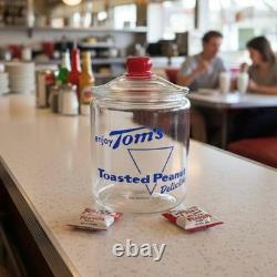 Vintage 1950s TOM'S Toasted Peanuts Glass Jar Store Display 10.5 Red Knob EXC