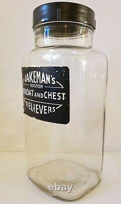Vintage 1960 JAKEMANS BOSTON'THROAT & CHEST RELIEVERS' Glass Apothecary Jar 12