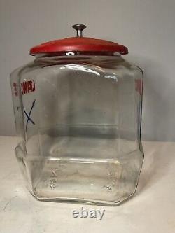 Vintage 8 Sided Lance Cracker Glass Jar withRed Metal Lid Arrows Logo