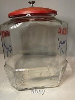 Vintage 8 Sided Lance Cracker Glass Jar withRed Metal Lid Arrows Logo