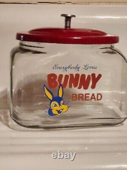 Vintage Antique General Store Glass BUNNY BREAD Advertising Jar Metal Lid Cookie