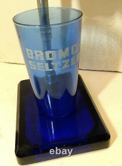 Vintage BROMO-SELTZER Drug Store DISPENSER Pharmacy Blue Glass Base Cup Bottle