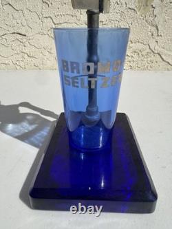 Vintage Cobalt Blue BROMO SELTZER Countertop Dispenser with Base, Cup & Bottle