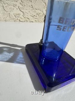 Vintage Cobalt Blue BROMO SELTZER Countertop Dispenser with Base, Cup & Bottle