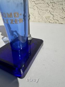 Vintage Cobalt Blue BROMO SELTZER Countertop Dispenser with Base, Cup & Bottle