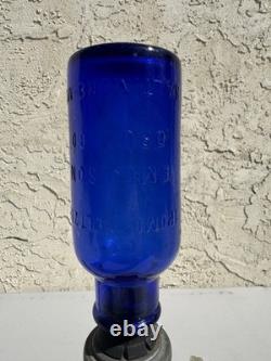 Vintage Cobalt Blue BROMO SELTZER Countertop Dispenser with Base, Cup & Bottle