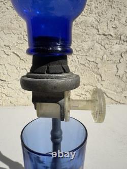 Vintage Cobalt Blue BROMO SELTZER Countertop Dispenser with Base, Cup & Bottle