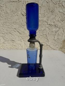 Vintage Cobalt Blue BROMO SELTZER Countertop Dispenser with Base, Cup & Bottle