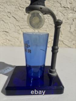 Vintage Cobalt Blue BROMO SELTZER Countertop Dispenser with Base, Cup & Bottle