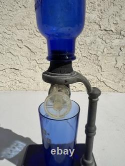 Vintage Cobalt Blue BROMO SELTZER Countertop Dispenser with Base, Cup & Bottle