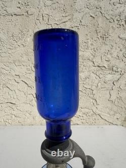 Vintage Cobalt Blue BROMO SELTZER Countertop Dispenser with Base, Cup & Bottle