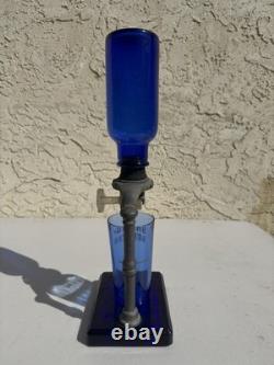 Vintage Cobalt Blue BROMO SELTZER Countertop Dispenser with Base, Cup & Bottle
