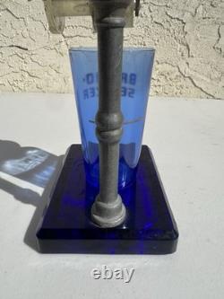 Vintage Cobalt Blue BROMO SELTZER Countertop Dispenser with Base, Cup & Bottle
